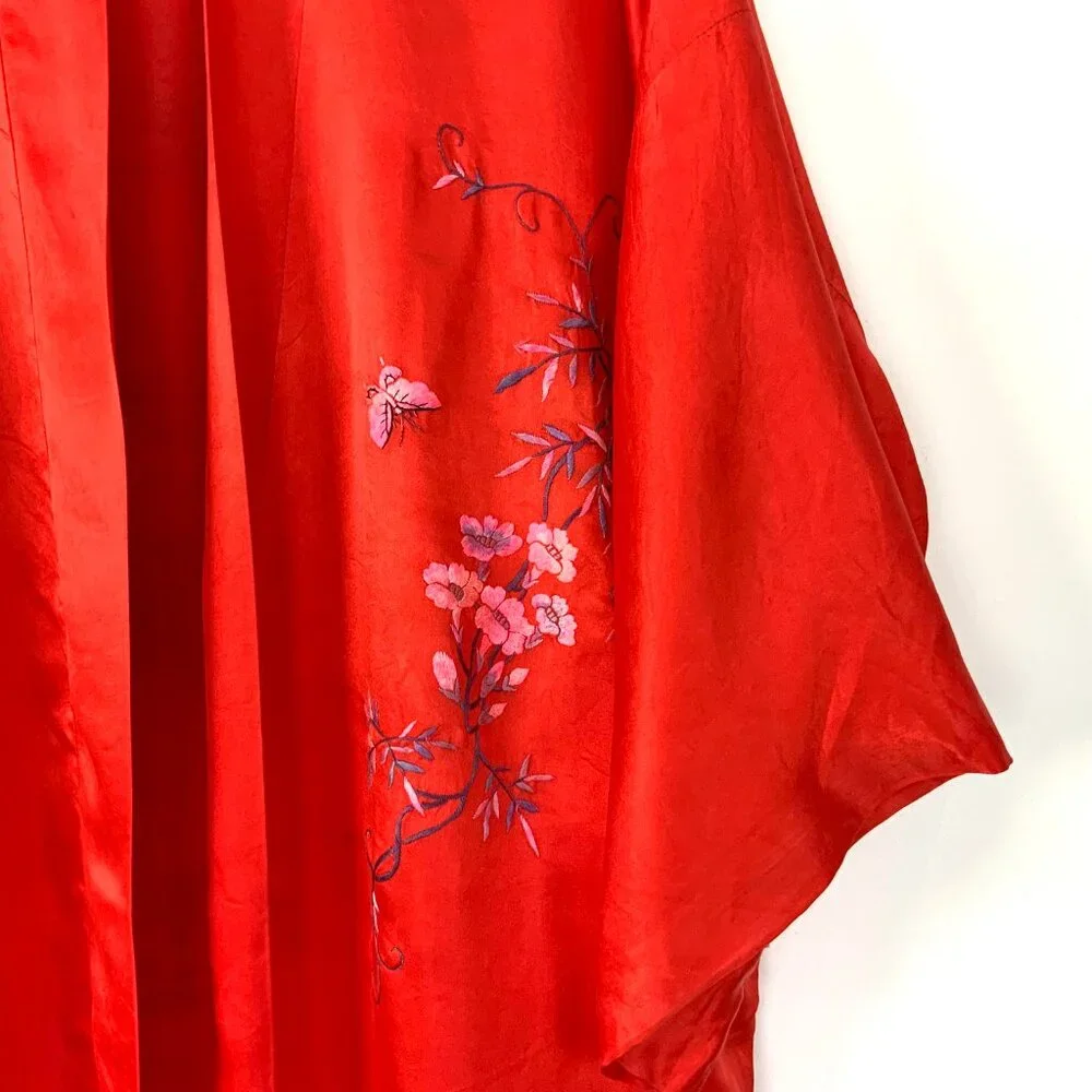 Vintage 50s - 60s Silk Layered Red Embroidered Kimono Robe Sz M - Picture 5 of 16